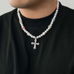Alloy Imitation Pearl Cross Necklace Men Cubic Zirconia Beaded Pendant Jewelry
