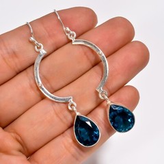 London Blue Topaz Gemstone Earrings 925 Solid Silver Statement Jewelry 2.6″Gifts