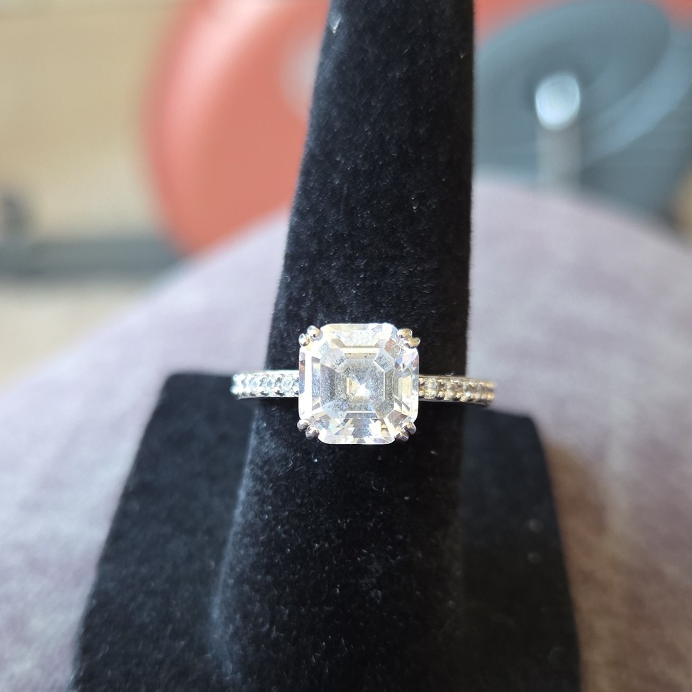 Asscher Cut Natural Diamonique Prong Set Engagement Ring IGI Size 6.5 2mm