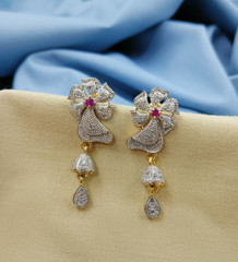 Gold Plated Flower-Shaped Dangle Earrings with American Diamonds, A Perfect Gift