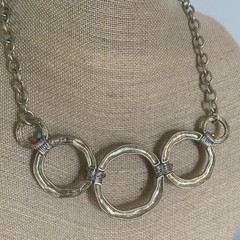 Brutalist Minimalist Circles Bib Necklace Turquoise Accents Hammered Silver Tone