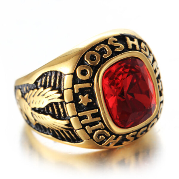 Gold Plated Red CZ High School Ring Stainless Steel Vintage Eagle Jewelry Rings