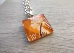 Handmade Authentic Postmarked Queen Elizabeth Postage Stamp Glass Tile Necklace
