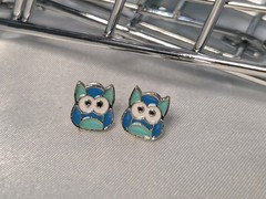 NEW Earrings Multi Blue Owl 🦉 Sterling Silver Studs Painted Fashion Earrings
