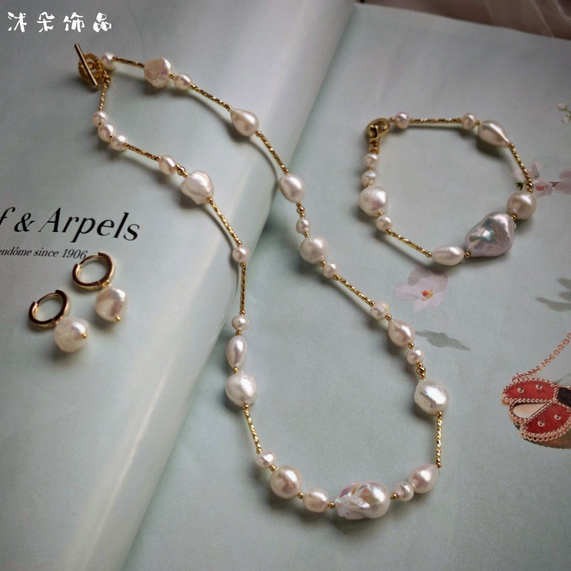 Handmade Baroque Pearl Jewelry Set Necklace Bracelet Earrings Women Daily Gift