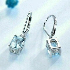 2Ct Cushion Cut Simulated Aquamarine Drop Hook Earring In 14K White Gold Plated