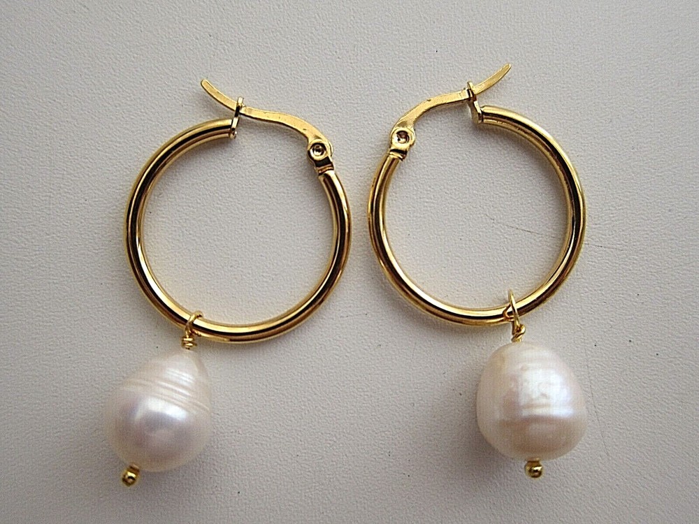 Huge or Small White Cultured Baroque Pearl on Hoop Earrings Silver Gold 7- 14mm