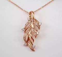 14k Rose Gold Plated In Round Cut Simulated Diamond Stunning Leaf Shape Pendant