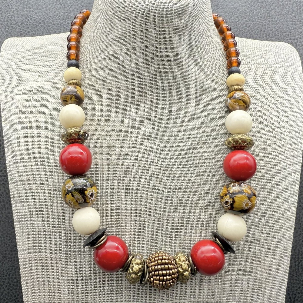 NY Necklace Beaded Statement Chunky Red Gold Cream Brown Floral Beads 16 Inch