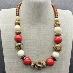 NY Necklace Beaded Statement Chunky Red Gold Cream Brown Floral Beads 16 Inch