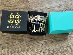 Rustic Cuff 3pc Stackable Gold Metal Bracelet Set w/ Blue Round Crystal