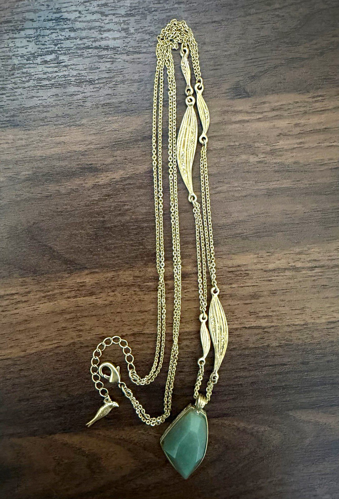 Chloe + Isabel Gilded Reeds Long Pendant Necklace Faux Green Stone Glass Crystal