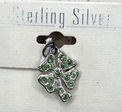 Sterling Silver Four Leaf Clover Charm with light Green Rhinestones! LUCKY! 3/4″