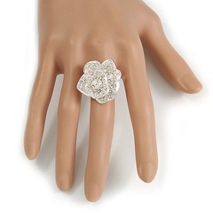 Clear Crystal Rose Flower Ring In Silver Tone – 30mm D – 7/8 Size Adjustable