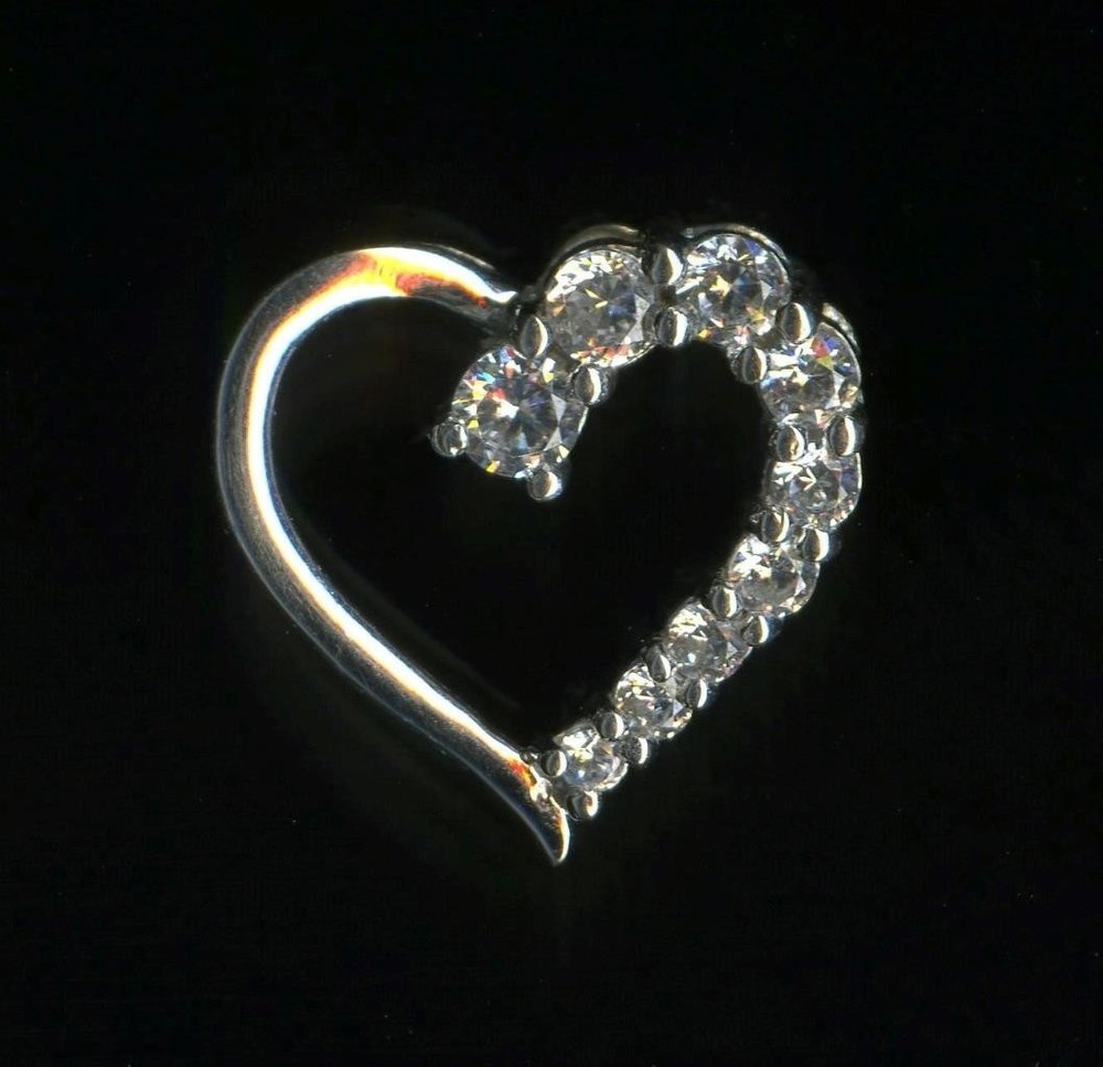 10K 1.23 Gram 17mm Solid White Gold Clear Crystal CZ Pave Row Heart Pendant -FH