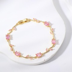 Oval Cut Pink Sapphire Gold Plated Bracelet Leaf Vine Chain Elegant Women’s Gift