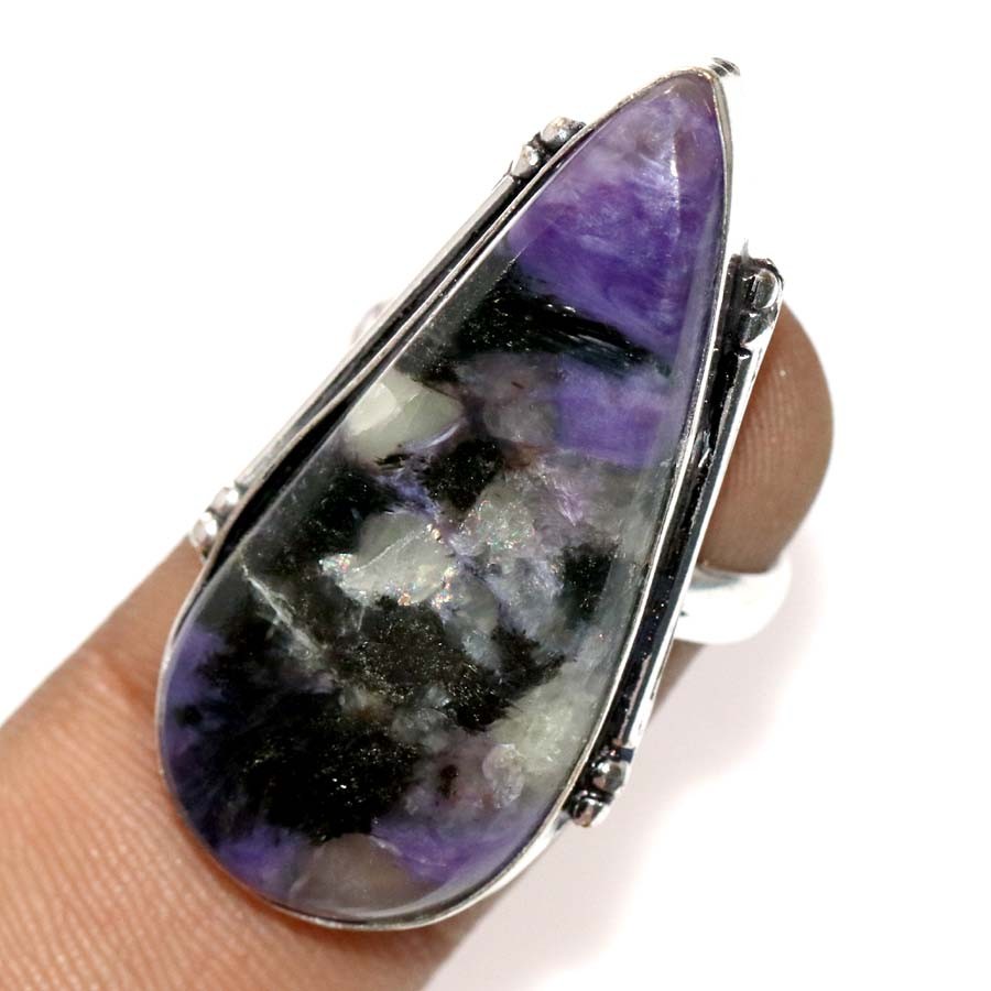 925 Silver Plated Charoite Ring US 8.5 Statement Jewelry Most Beautiful GW