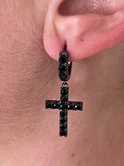 Real Solid 925 Silver Men Ladies Dangle Cross Hoop Earrings Iced Black CZ