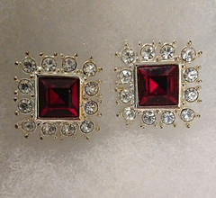 Gold Tone Red Square Crystal Halo Stud Earrings Butterfly Closure