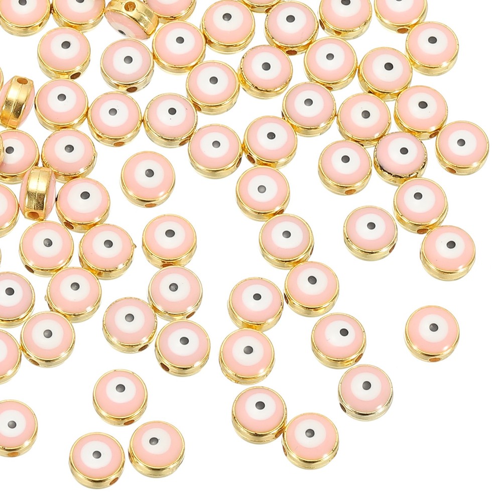 60 Pcs 8mm Flat Round Evil Eye Beads with Golden Edge, Pink