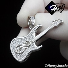 MEN WOMEN 925 STERLING SILVER ICY CZ GOLD PLATED/SILVER 3D GUITAR PENDANT*SP459