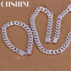 925 sterling Silver Bracelets necklace Jewelry set 10MM Square Chain 20-24 inch
