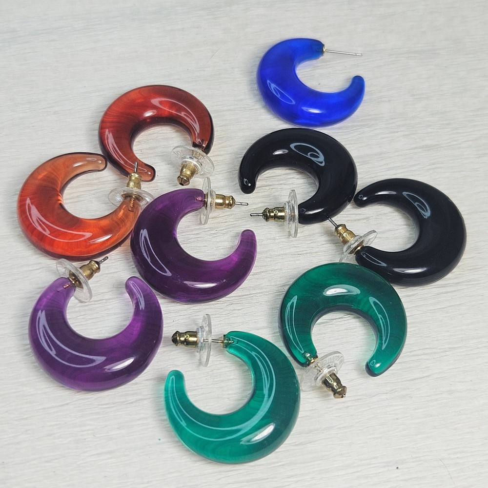 Joan Rivers 4 Pr Clear Puffy Hoop Earrings Green Black Purple Brown