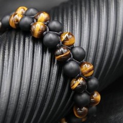 Triple Protection Beaded Bracelet Natural Tiger Eye Black Onyx for Men Women US