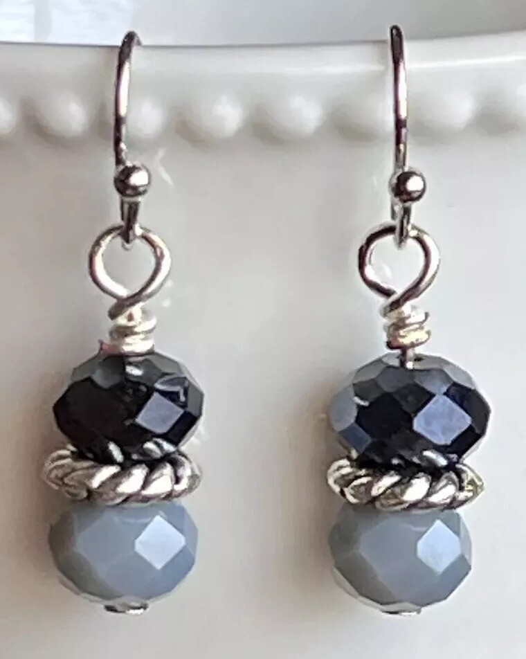 Etched Silver with Gray and Blueish Black Iridescent Crystal Bead Earrings. Boho