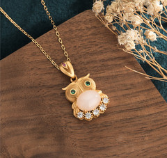 Jade Crystal Owl Pendant Necklace Charm 18K Gold Plated Chain Dainty Gemstone