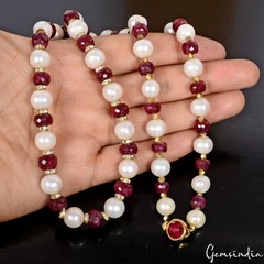 500 Ct Natural Ruby Freshwater Pearl Beaded Handmade Single Strand Necklace 28″