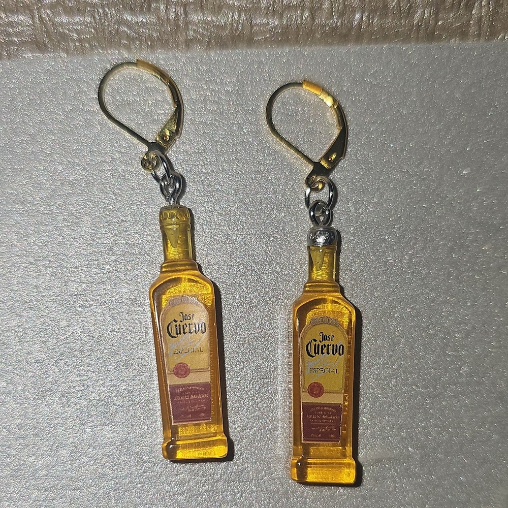 Jose Cuervo Tequila Bottle Dangle/Drop Earrings Gold Closed Hoop