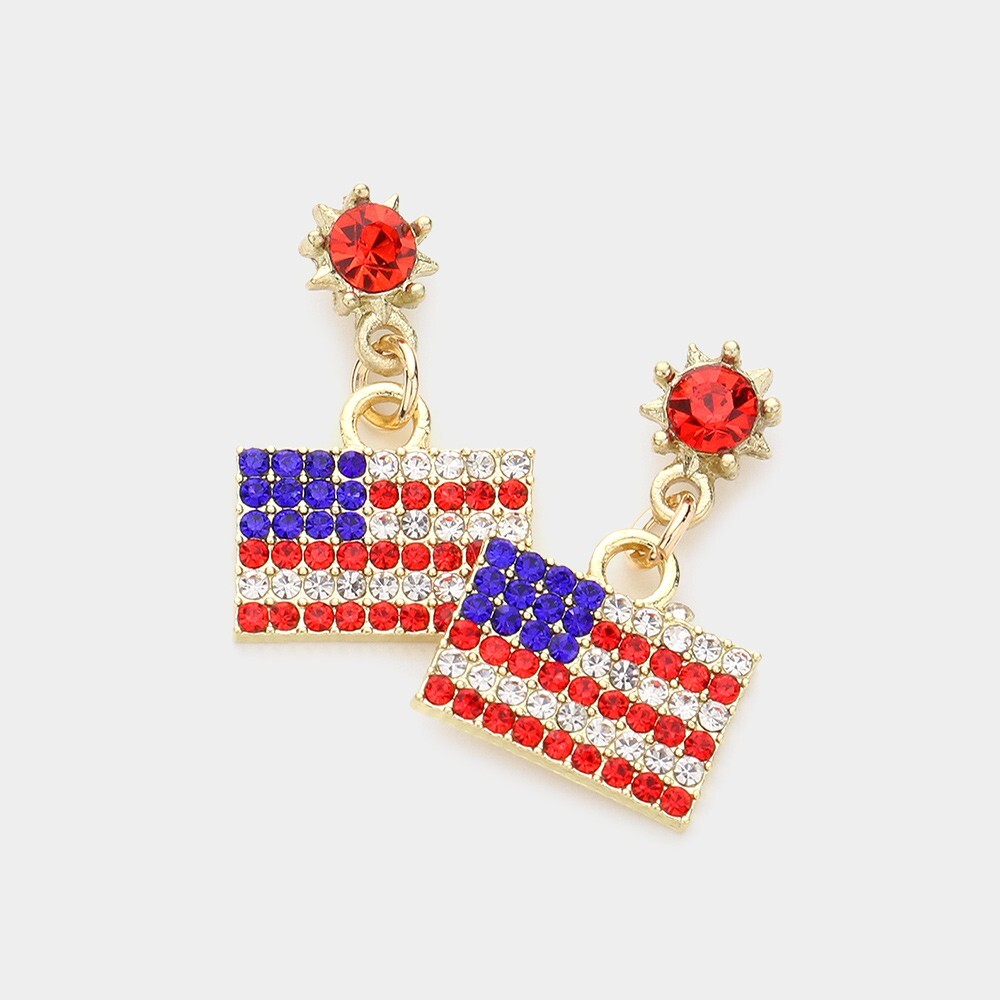 NEW USA FLAG EARRINGS GOLD BLING RHINESTONES POST BACK PATRIOTIC DANGLE DROP 1″