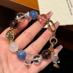 12/13mm Natural White Crystal, Blue Crystal, Smoky Quartz Handmade Bracelet