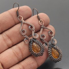 Amber Jasper Gemstone Copper Wire Wrapped Handmade Earring Jewelry Gift For Love