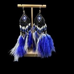 NWT Express Beaded Feather Earrings Blue Black Boho Festival Statement Drop