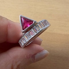 SYNTHETIC RUBY / PINK SAPPHIRE BAGUETTE RHINESTONES GEOMETRIC RING SILVER TONE