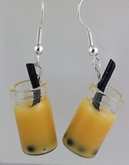 Fun orange brown boba bubble tea earrings, gift bagged Silver-plated ear hooks