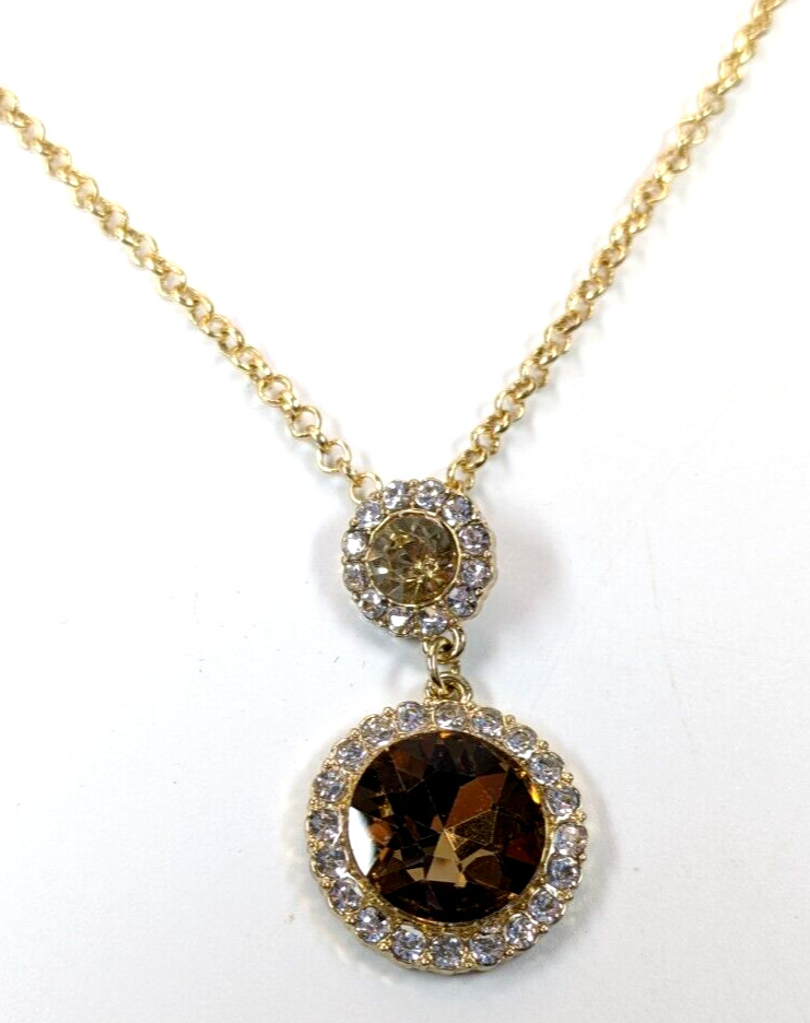 Monet Amber Glass Clear Rhinestone Surround Pale Gold Tone Adjustable Necklace
