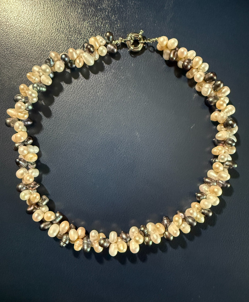 Black and Ivory Freshwater Pearl Multistrand Necklace 18″