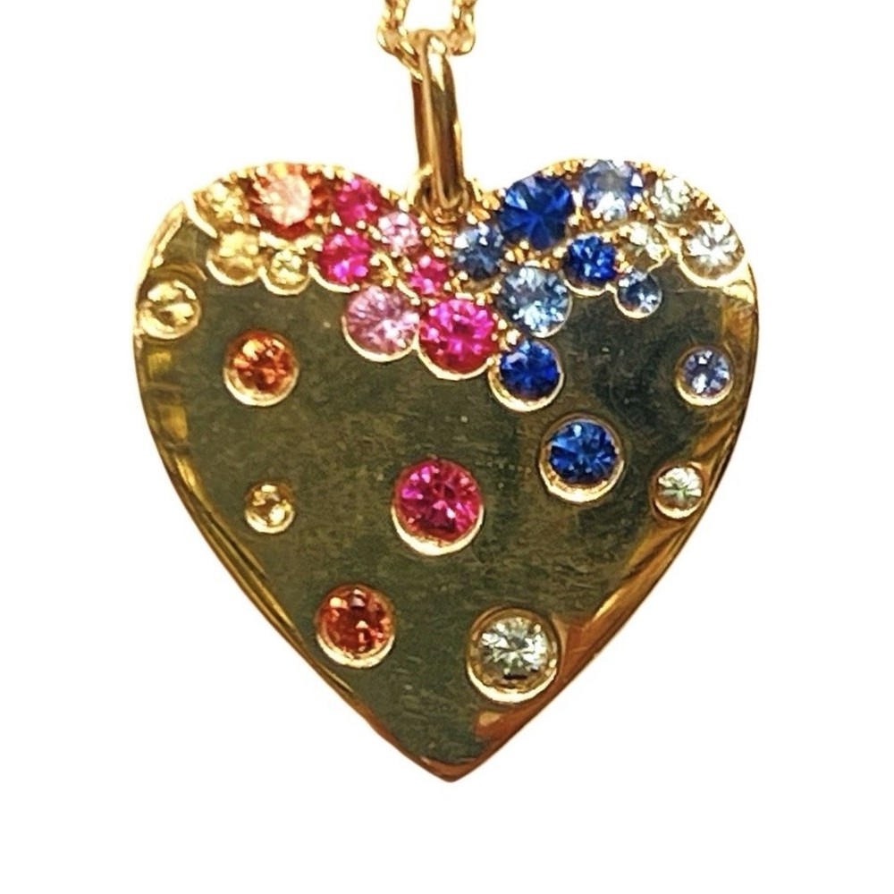 14K Yellow Gold Multi Gemstone Heart Pendant Sapphire Ruby Emerald w Chain