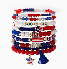 9PCS USA Patriotic Bracelet Set Red White Blue 4th of July Beaded