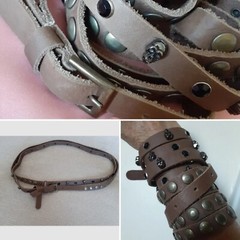 Multilayer Genuine Beige Leather Black Skull Bead Rivet Bracelet / Long Belt Men
