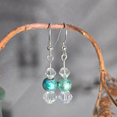 Blue & Clear Glass Round Beaded Dangle Drop Earrings Silver Tone Hook Closure