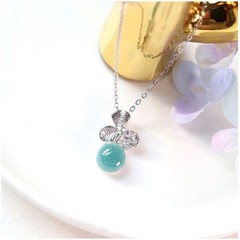Handmade Korean Celadon Clover Pendant Necklace Swarovski Ceramic Gift Korea