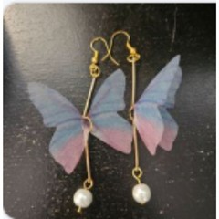 Blue & Pink Sheer 2.5″ Gold Hanging Butterfly Handmade Earrings Brand New