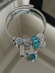 LuxeTreasures Turquoise Butterfly Charm Bracelet Silver Cable Bangle Heart tree