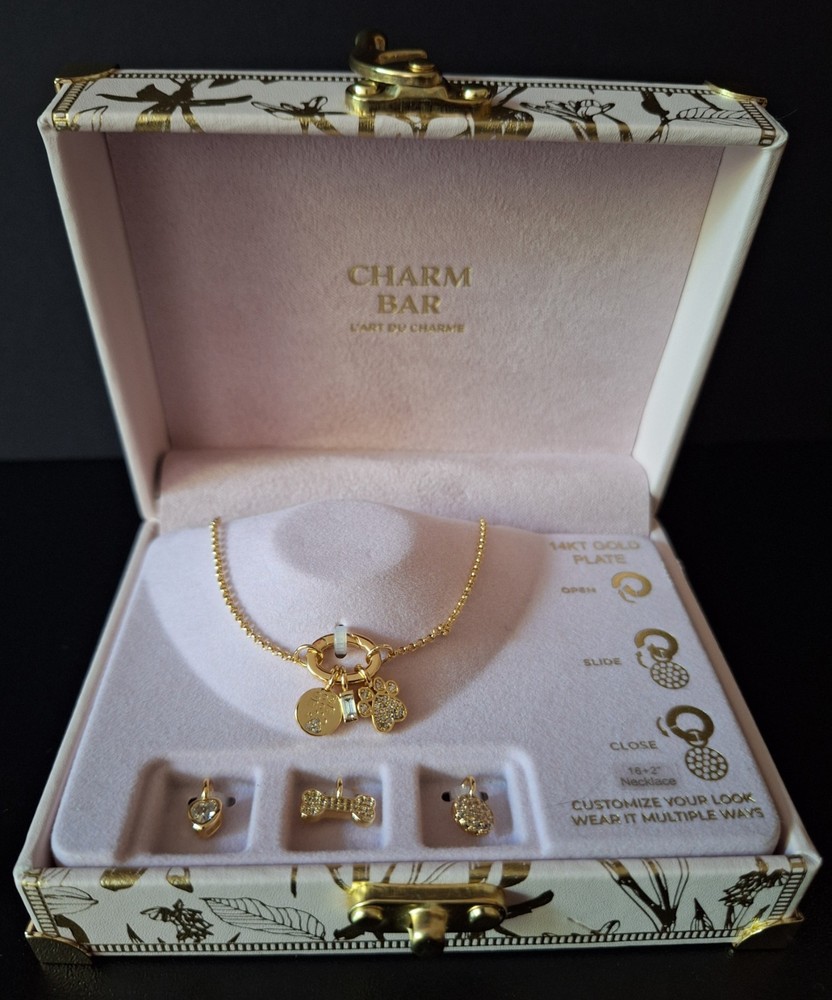 Charm Bar Gold Plated Customizable Pet Dog Necklace W/6 Charms & Trunk Box