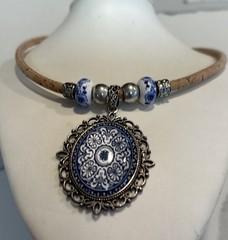 Vintage-Inspired Boho Blue White Ceramic Style Medallion Metal Necklace Cork Cor