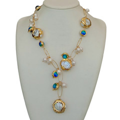 21″Freshwater Cultured White Keshi Pearl Blue Murano Glass Necklace